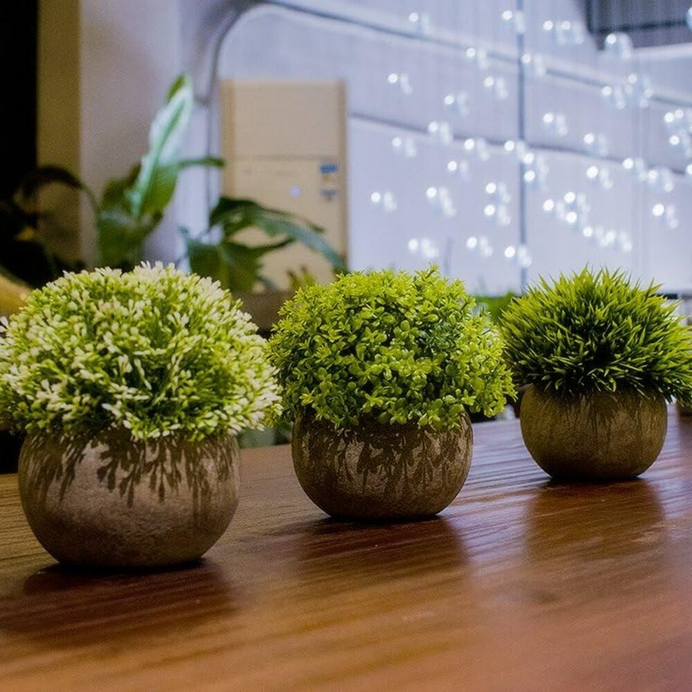 Artificial Plastic Mini Plants Unique Fake Fresh Green Grass Flower in Gray Pot - Picture 4 of 6